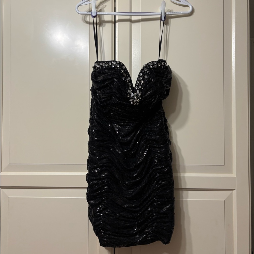 Black Sequin Ruched Mini Dress with Embellished Neckline